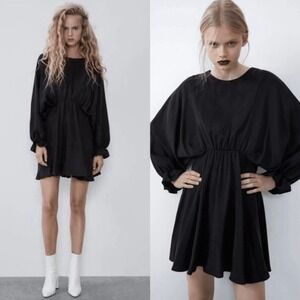 Zara Dolman‎ Mini Black Dress Ruffle Puff Cinched Babydoll Size S